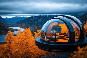 Futuristic glass dome cabin in autumn mountains, where people live in high-tech structures that provide a 360-degree view of the fall landscape while maintaining a comfortable interior climate
