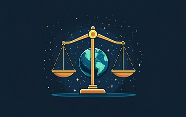 A flat design featuring balanced justice scales with a globe in the middle, emphasizing global equality and justice, with bold and contemporary colors