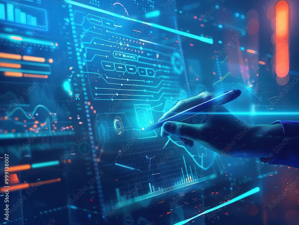 Aufkleber futuristic ai assistant with holographic pen writing on floating translucent screens surrounded by d