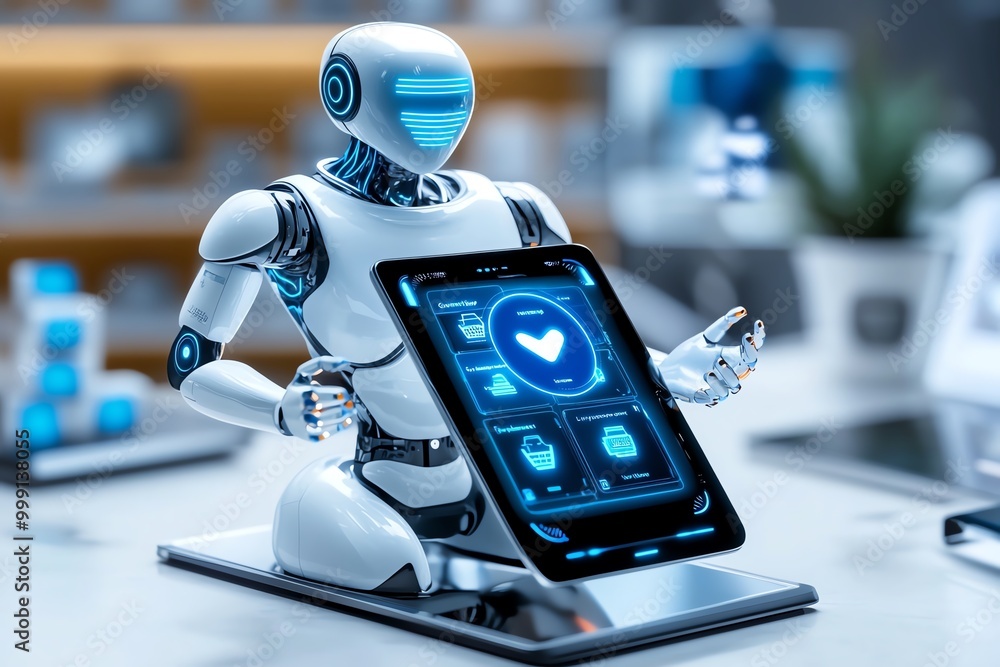 Poster futuristic online shopping, where consumers browse products in a virtual store environment with pers