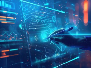 futuristic ai assistant with holographic pen writing on floating translucent screens surrounded by data visualizations sleek minimalist design cool blue tech aesthetic