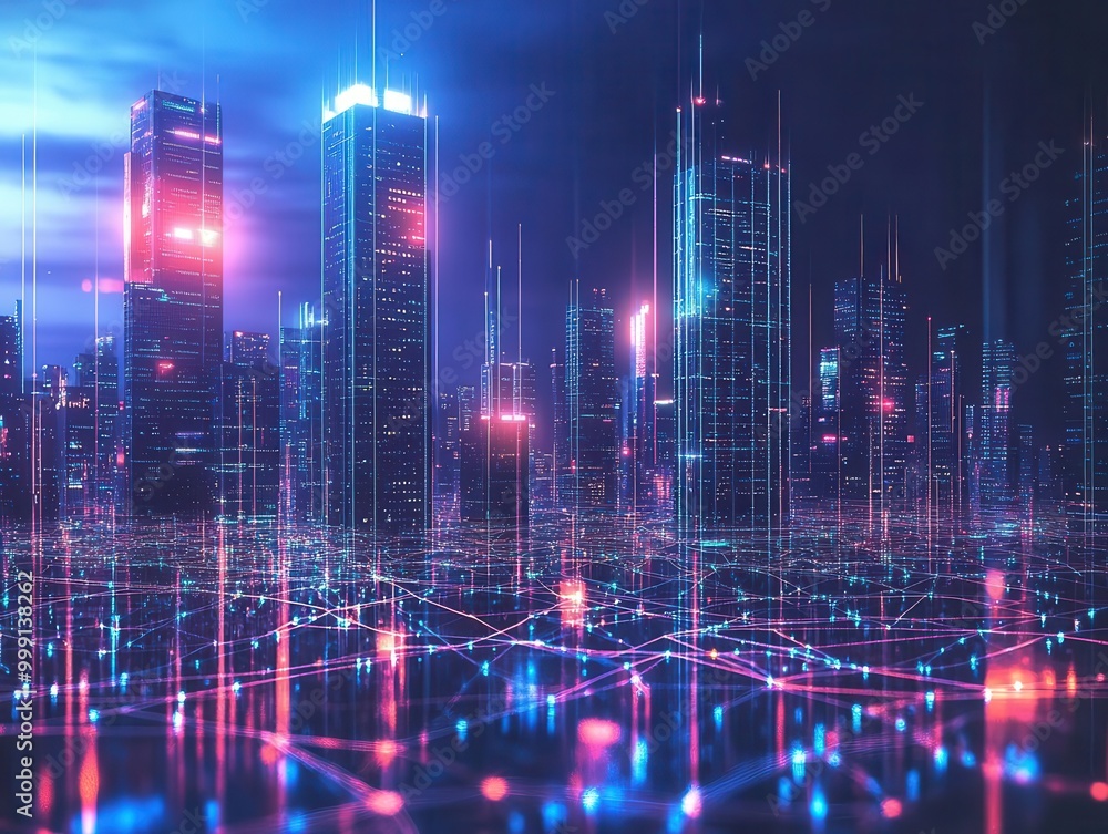 Aufkleber futuristic cityscape with towering neonlit skyscrapers interconnected by glowing fiber optic webs di