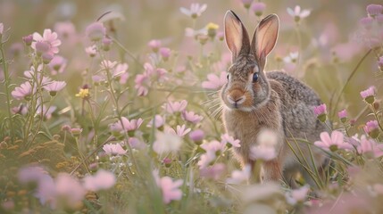 Obraz premium European Rabbit Or Wild Rabbit Oryctolagus Cuniculus Adult Walking Through Flowers Normandy