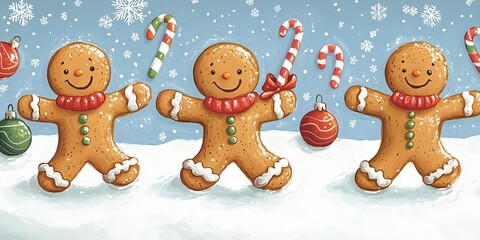 A cheerful holiday scene featuring three smiling gingerbread men dressed in colorful scarves, standing in a snowy landscape. 