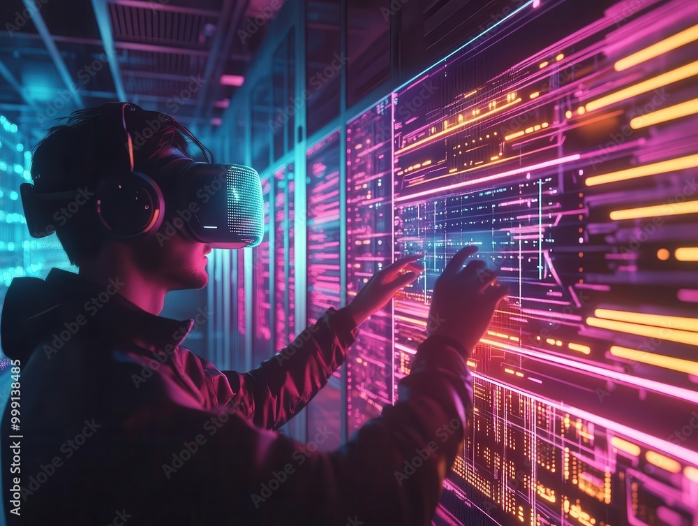 Poster futuristic data center with glowing server racks holographic displays technician with augmented real