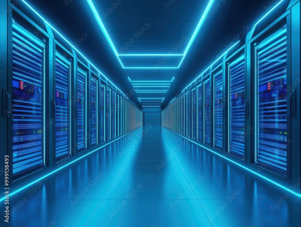 Aufkleber futuristic data center with rows of sleek illuminated server racks stretching into the distance bath