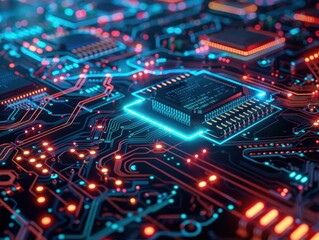 Obraz premium futuristic cybersecurity interface with glowing motherboard patterns digital authentication symbols and airegulated network connections on a dark techinspired background