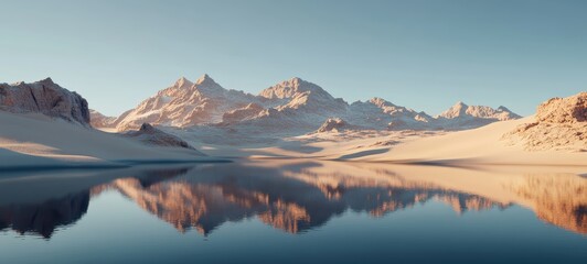 A desolate desert, with dunes and rock formations mirrored in a rare, still oasis