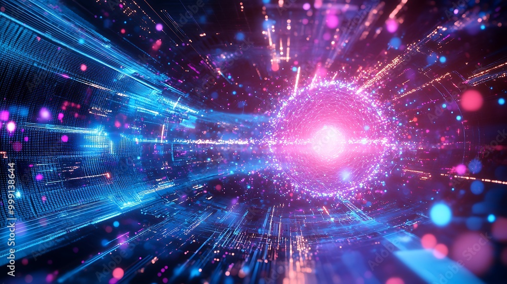 Poster Futuristic Quantum Computer with Swirling Data Particles and Entangled Qubits Representing Quantum Computing Power
