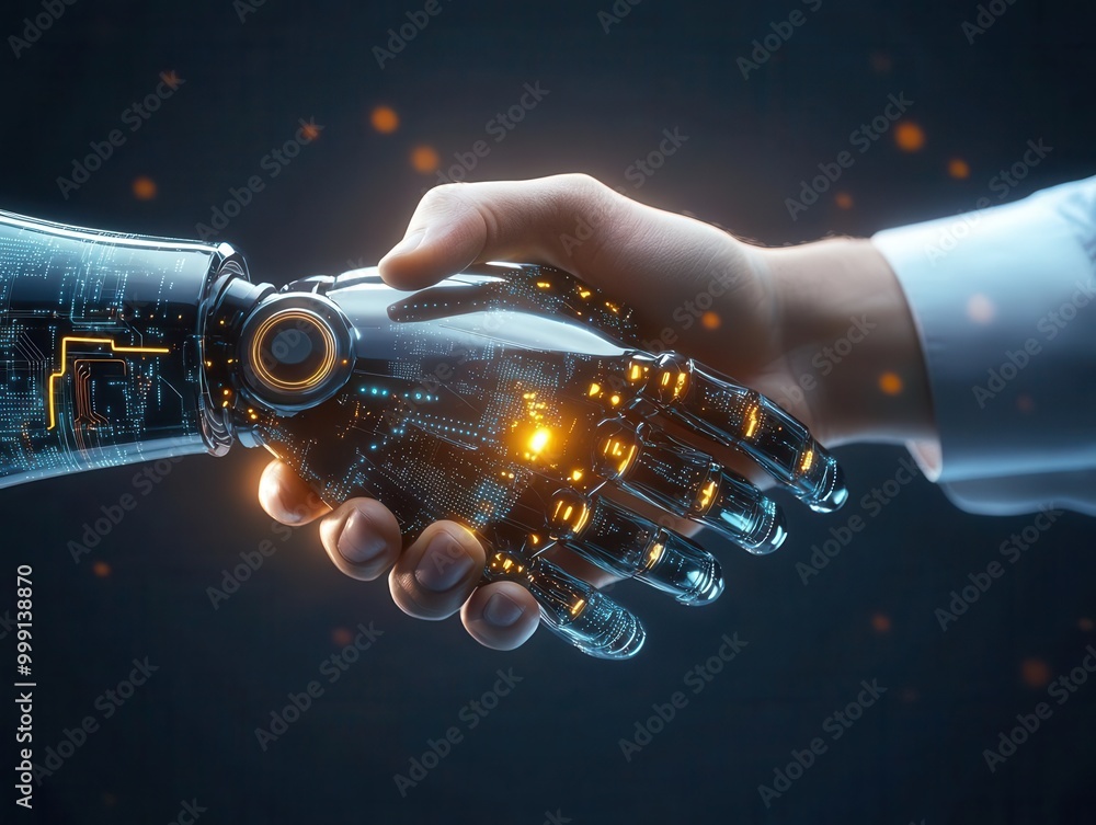 Aufkleber futuristic handshake between sleek metallic robotic arm and human hand glowing circuit patterns holo