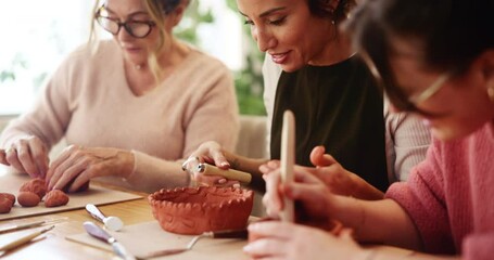 Friends, happy women and pottery class for art, handmade craft and creative bowl. Clay, ceramic and group of people in workshop for hobby, design and diy mold with tools in small business together