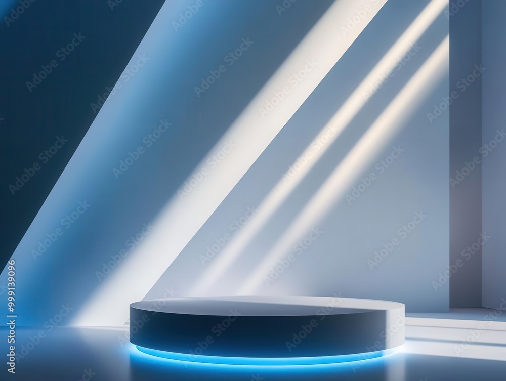Poster futuristic minimalist stage with geometric light patterns sleek grey podium against stark white back