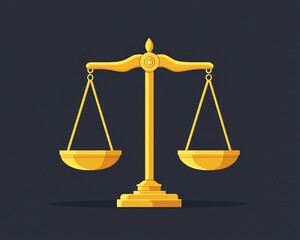 A sleek flat design of golden scales of justice, evenly balanced, featuring bold equality symbols, representing fairness and impartiality