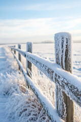 A wooden fence covered in snow stands in a serene winter landscape, with frost-covered grass and a blue sky in the background.
