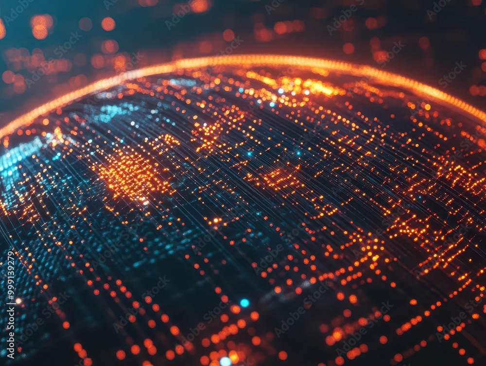 Aufkleber futuristic network of glowing fiber optic threads weaving through a stylized globe digital data stre