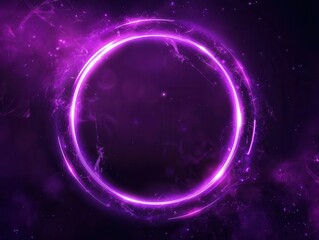 futuristic neon portal glowing purple circle frame on dark background defocused light flares quantum energy effect scifi ambiance digital distortion