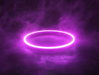 Obraz premium futuristic neon sculpture glowing purple ring floating in dark void emitting ethereal mist and pulsating energy cyberpunk aesthetic