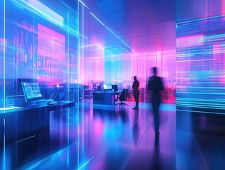 futuristic neonlit openplan office with holographic displays blending corporate aesthetics and cyberpunk elements blurred figures work amidst glowing blue and purple light streaks