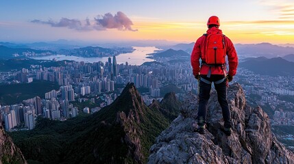 Determined Air Quality Engineer Scaling High-Altitude Site to Monitor Pollution from Distant City, Copy Space Available for Text