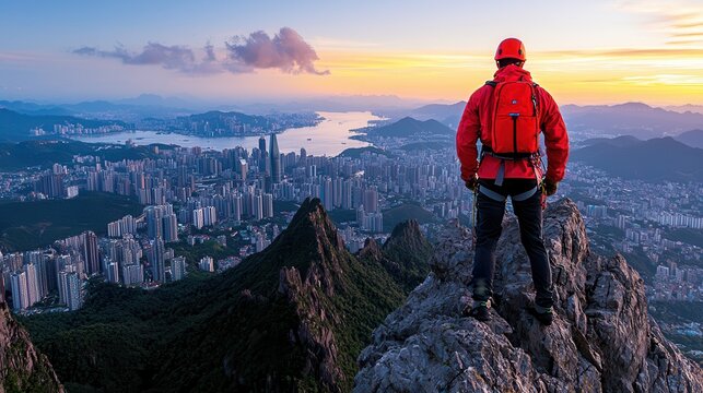 Determined Air Quality Engineer Scaling High-Altitude Site to Monitor Pollution from Distant City, Copy Space Available for Text