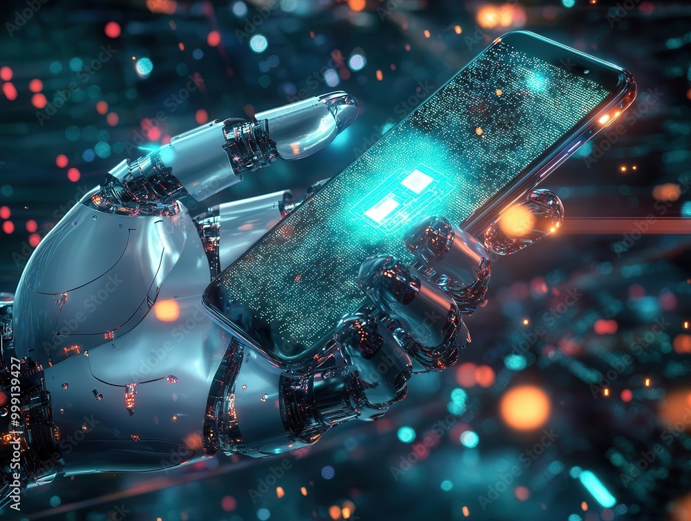 Aufkleber futuristic robotic hand delicately cradling holographic smartphone glowing circuits intertwining wit
