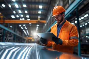 Worker analyzing sheet metal in a factory setting during daylight hours with safety gear