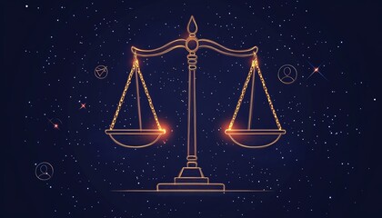A bold flat design of scales of justice, highlighted by equality symbols on each side, glowing against a deep navy background for a striking visual