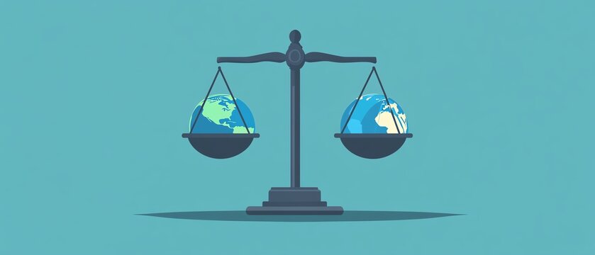 A clean flat design showing scales of justice evenly balanced with a globe, symbolizing global equality and justice, in a simple and elegant style
