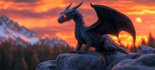 A dragon with obsidian-black scales and glowing, molten eyes