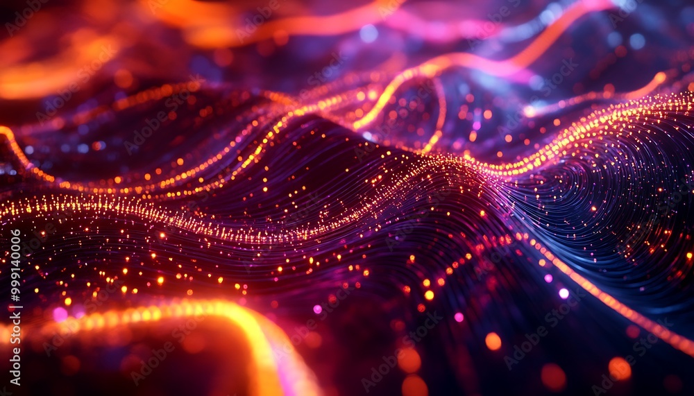 Poster abstract illustration of quantum entanglement with floating qubits connected by glowing lines