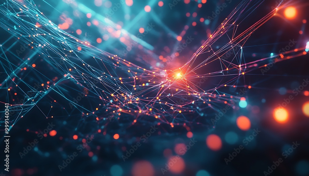 Poster Abstract Illustration of Quantum Entanglement with Floating Qubits Connected by Glowing Lines