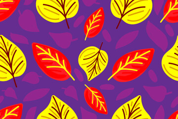Red and yellow autumn leaves, nature, leaf, colorful,  violet background.  Seamless vector pattern for design and decoration. 