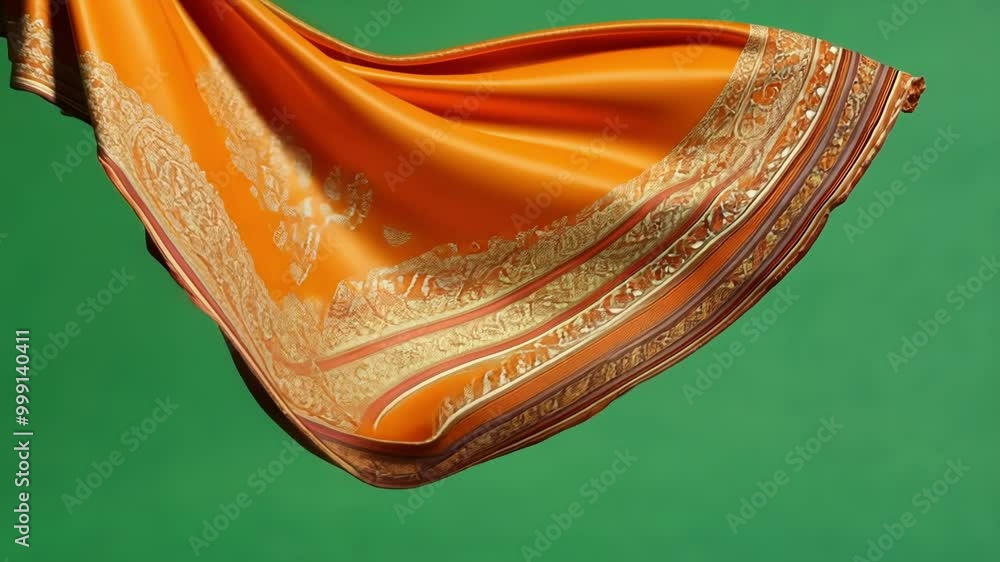 Poster orange fabric with an ethnic pattern is flowing against a green screen background, creating a sense 