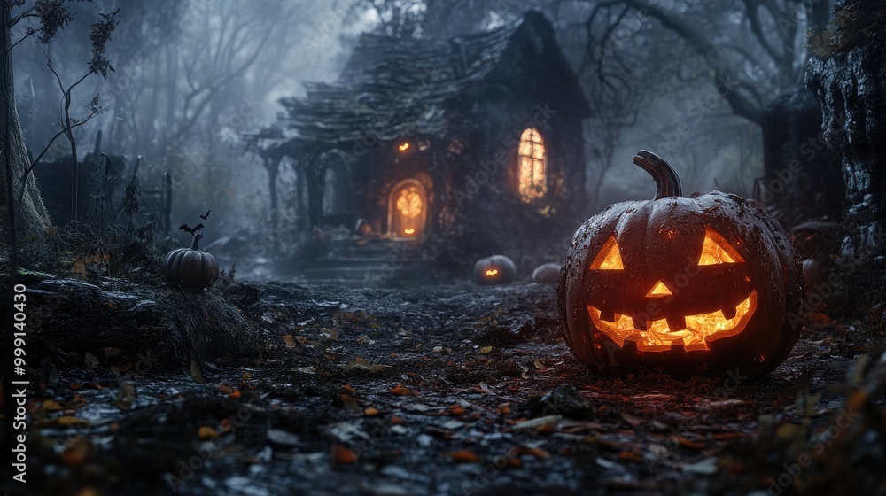 Canvas Prints Halloween pumpkin lantern on display in eerie setting