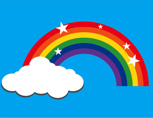 A stylized rainbow with six colored bands emerging from fluffy white clouds, set against a clear blue sky with five white stars scattered around the upper part of the rainbow.