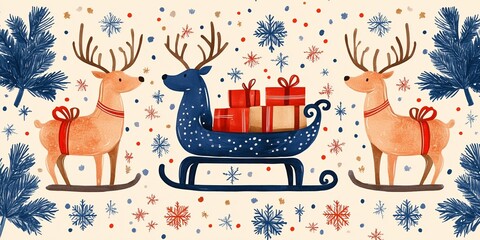 Fototapeta premium A charming holiday-themed illustration featuring two reindeer adorned with red ribbons, flanking a festive sleigh filled with wrapped gifts.