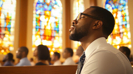 A candid shot of an African American man praying in church, surrounded by stained glass windows. atmosphere is serene and reflective, capturing moment of deep spirituality and connection
