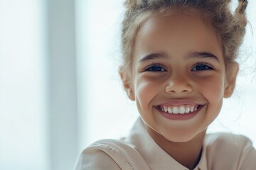 Naklejka premium Smiling Girl With Curly Hair Enjoying a Bright Morning Indoors at Home