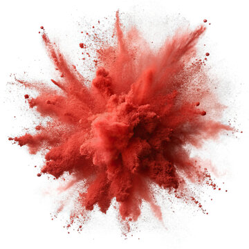 Red chalk pieces explode against a transparent background, creating a vibrant dust cloud