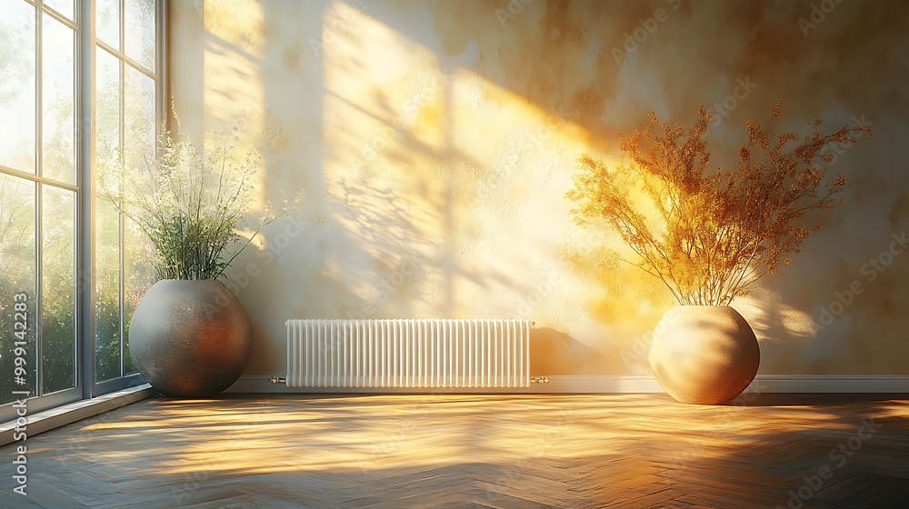 Poster sunlight streams through a large window into a minimalist room with two vases of dried flowers and a