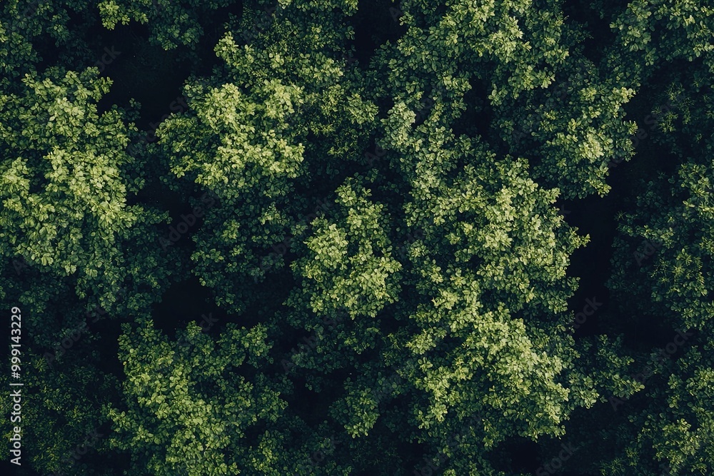 Wall mural aerial view of a lush green forest canopy during daylight showcasing diverse tree foliage and natura