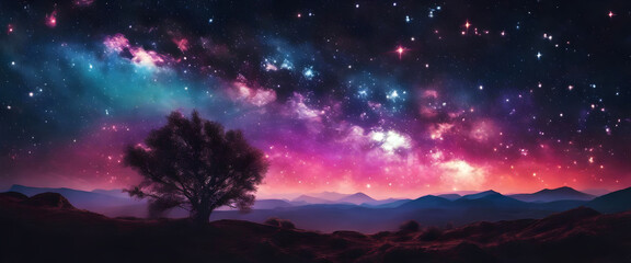 Naklejka premium Silhouette of Tree Against Starry Night Sky