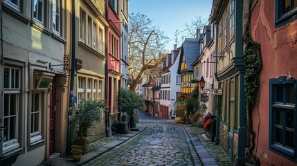 Fototapeta premium Cobblestone street lined with historic buildings in a European town