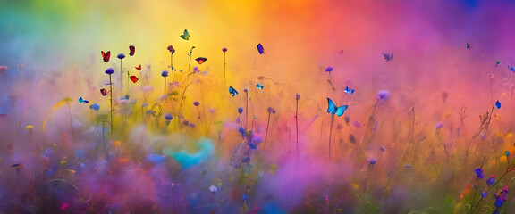 Fototapeta premium Butterflies Flying over Colorful Flower Field with Smoke