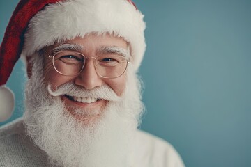 Naklejka premium A Joyful Santa Claus Smiling Warmly Against a Blue Background, Spreading Holiday Cheer During the Festive Season