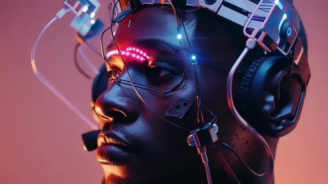 Scientist is experimenting with brain stimulation on a man wearing a device equipped with electrodes and leds. The experiment takes place in a laboratory with colorful lighting