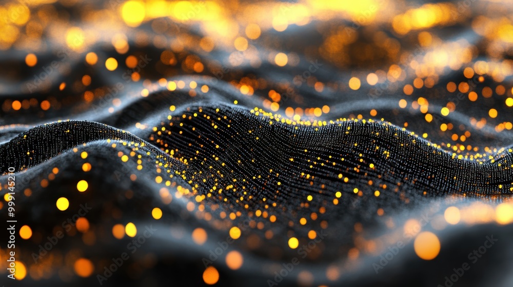 Poster the metallic surface glistens with radiant particles, creating a captivating and ethereal atmosphere