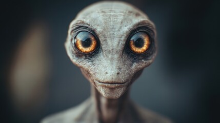 Fototapeta premium An alien creature with large, striking eyes and pale skin stands curiously in a dimly lit forest at twilight