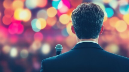 A speaker commands attention from the stage, addressing an audience in a lively urban conference setting