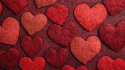 Obraz premium Red felt hearts are arranged densely on a deep background, showcasing a romantic vibe perfect for celebrations or decorations